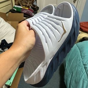 COPY - Hoka ORA Recovery Slide White Blue Unisex Slip On Sandals Slippers